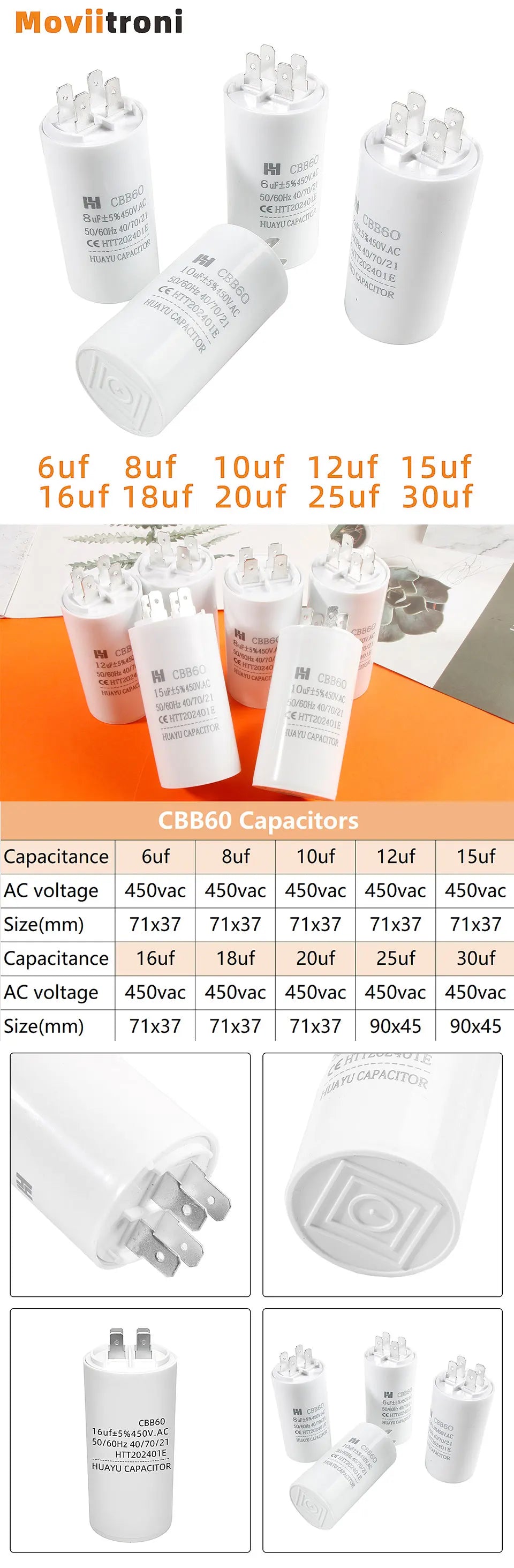 CBB60 Capacitor 450VAC Double Insert 50/60hz Electric Replacement Start Run Capacitor For Air Compressor Water Pump Motor