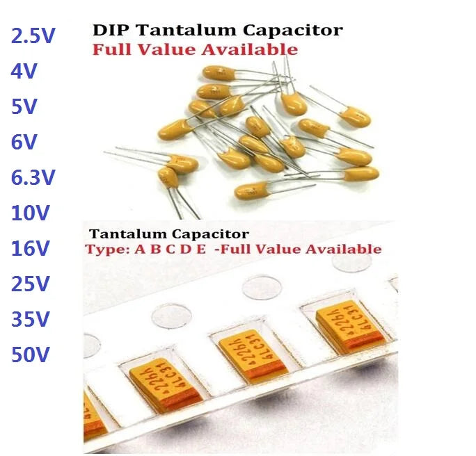 10pcs Tantalum Capacitor A B C D 476 106 6.3V 10V 16V 25V 35V  0.22/1/2.2/4.7/6.8/10/22/33/47/68/100/150/220/330/470uf SMD DIP