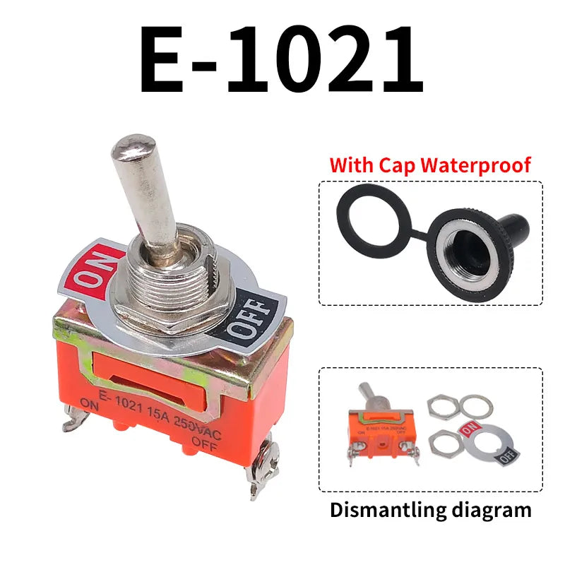 Toggle Switch SPST DPDT 250V 15A 2 3 Position Latching ON-OFF ON-ON ON-OFF-ON E-1322 1021 1122 1121 1221 1321 Cap Waterproof