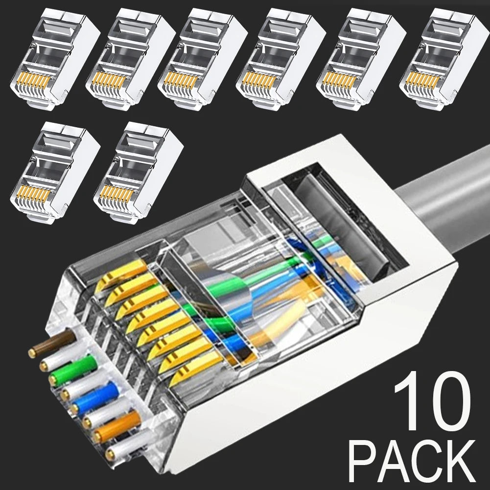 RJ45 CAT5/6/7 Connector 8P8C Modular Plug Adapter Pass Through Modular Plugs Shielded Gigabit Network Crimp Crystal Head