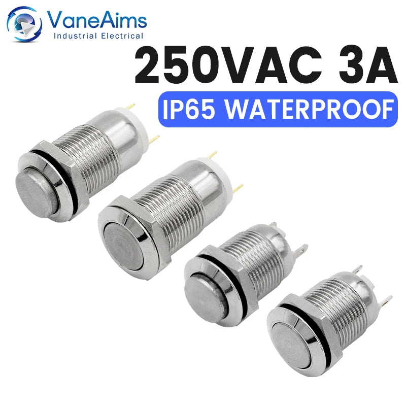 6pcs 12mm Push Button Switch Latching Momentary Self reset Waterproof Mini Electric Power Button Switch On Off 2pin 1NO 3A/250V