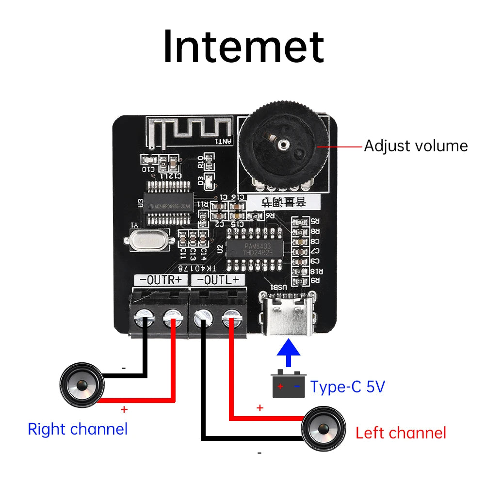 XH-A164 PAM8403 Digital Bluetooth Amplifier Board 5V Type-C 5W+5W Dual Channel Audio Amp for DIY and Car Speaker Subwoofer