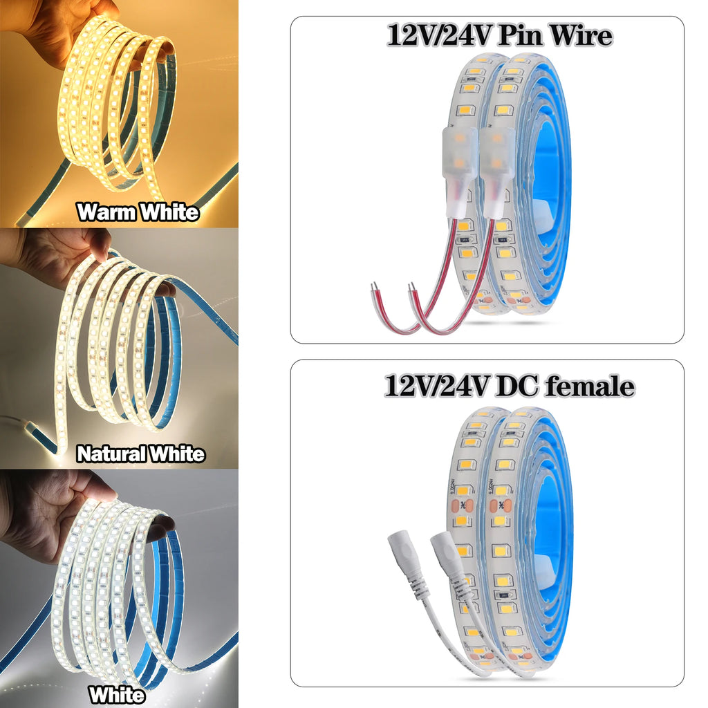 IP68 Waterproof LED Strip Light 2835 12V 24V 120LED/m with 2-pin Wire/ DC Plug Flexible Adhesive Tape 3000k/4500K/6000K 1M-20M