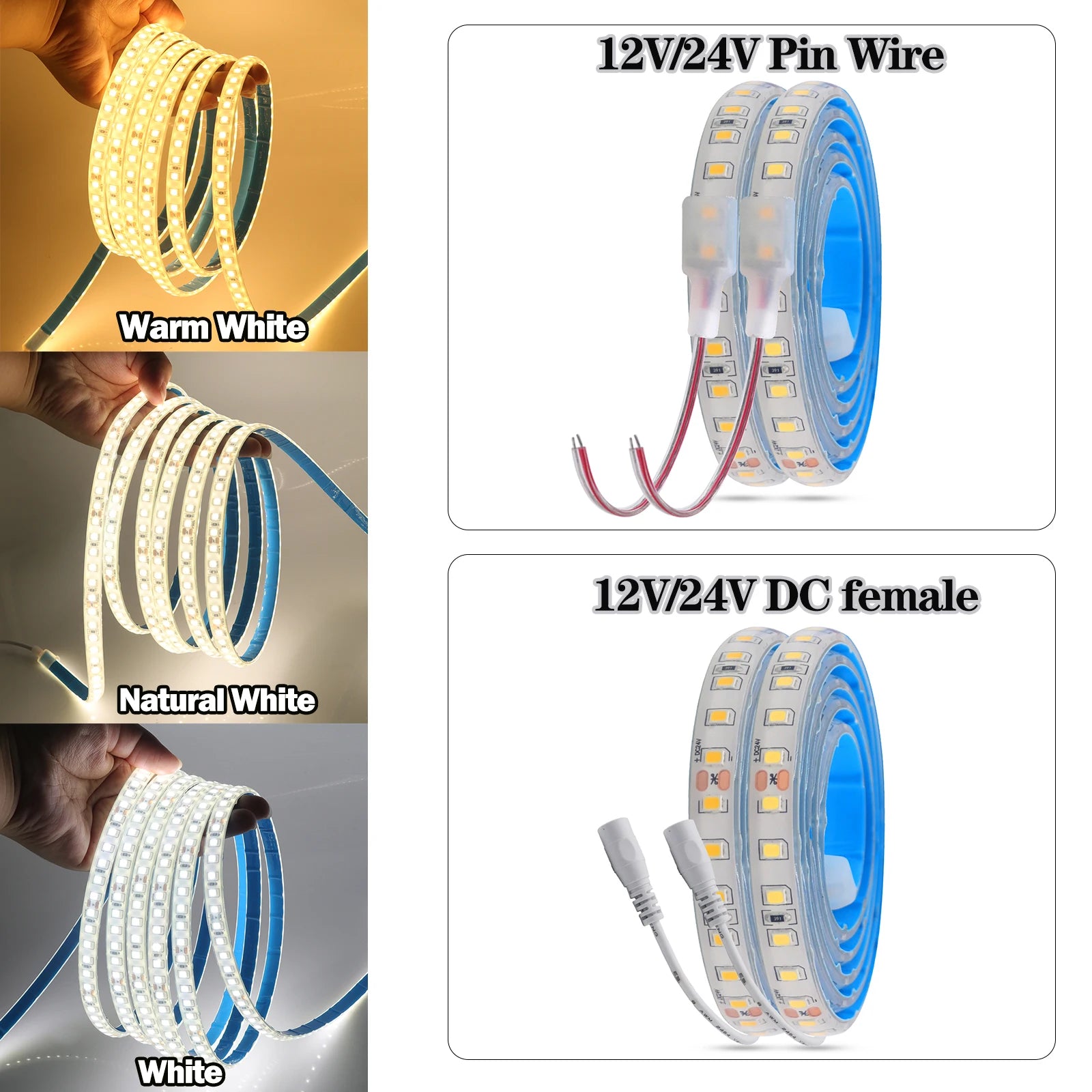 IP68 Waterproof LED Strip Light 2835 12V 24V 120LED/m with 2-pin Wire/ DC Plug Flexible Adhesive Tape 3000k/4500K/6000K 1M-20M