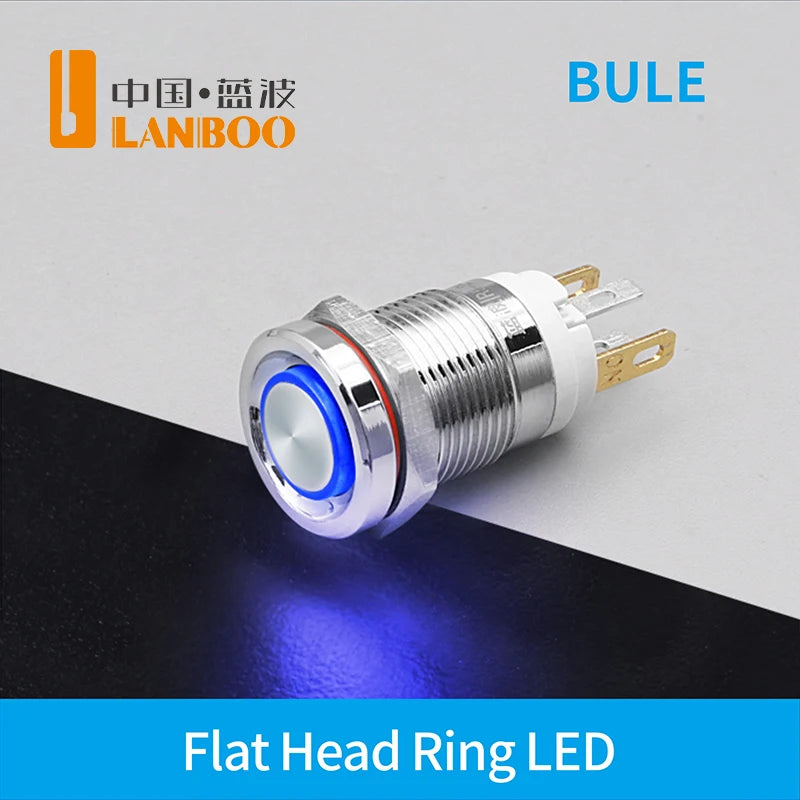 LANBOO 12E 7A High Current 4 Pin Switch Waterproof IP65 Latching or Momentary Micro Metal Push Button Switch with LED 24V220V