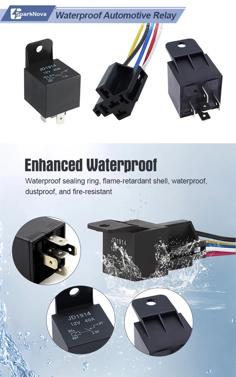 12V 40A 5 Pin Waterproof Automotive Relay with Socket Wire Harness for Car Truck Boat Marine ATV