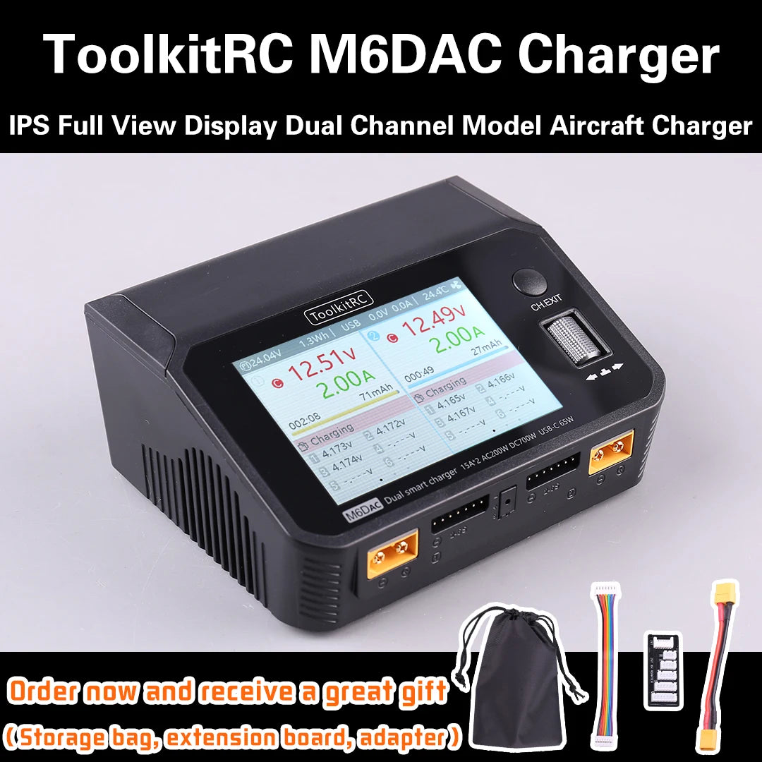 ToolkitRC M6DAC 350W X 2 USB-C 65W AC/DC Dual Smart Charger Discharger for 1-6S Lipo LiHV Lion NiMh Pb Battery with 15A Balance
