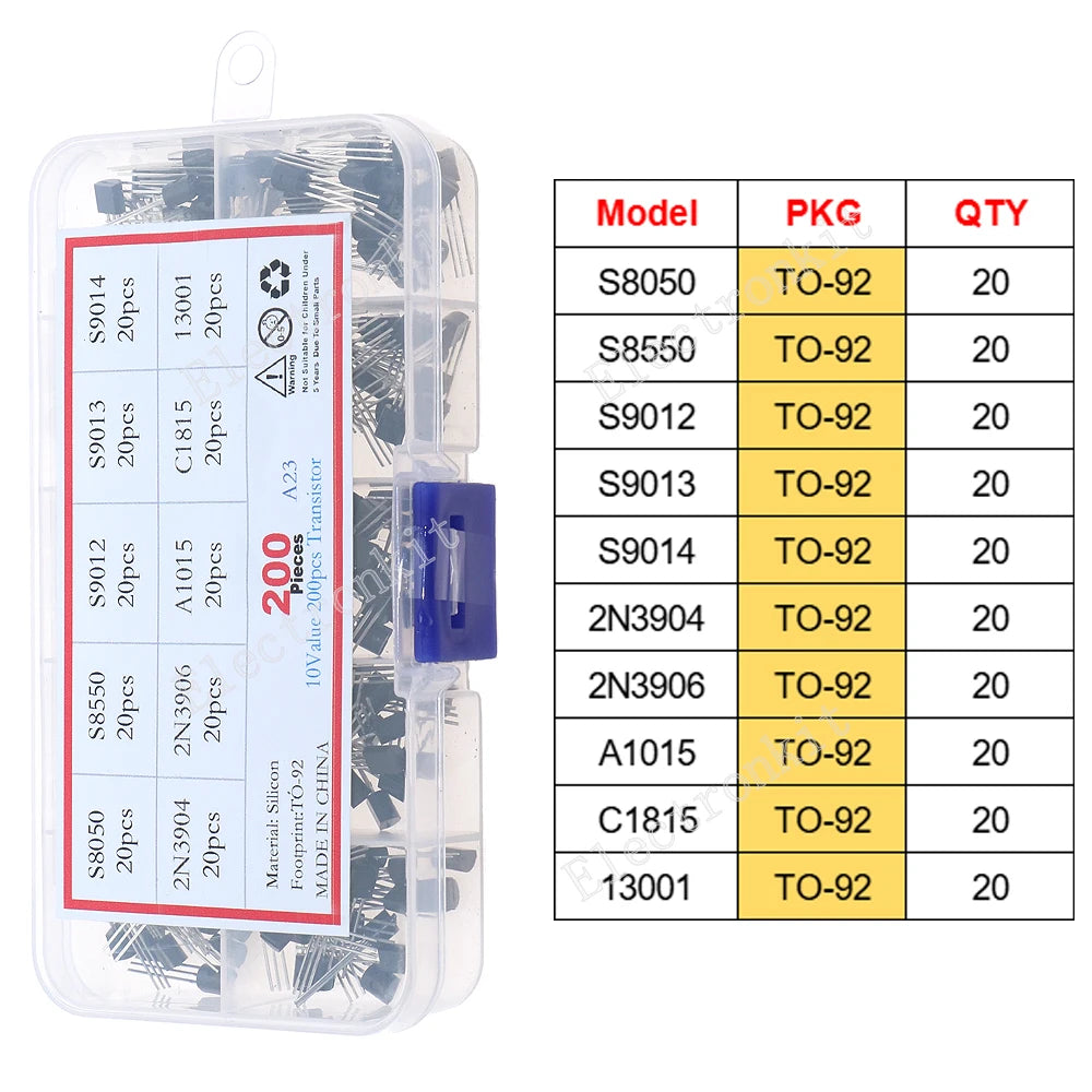 SOP-23 SOP-223 TO-252 TO-92 TO-92L TO-126 TO-220 Mosfet Triode Thyristor Voltage Regulator PNP/NPN Transistor Assortment Kit