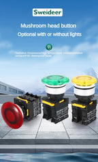 30mm Mushroom Button Switch with Light Waterproof Momentary Reset Self Locking Power Push Button Switch 12V 24V 220V 1NO 1NC Red