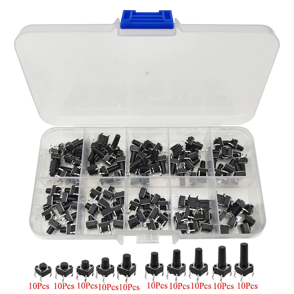 1Box 6x6mm 12x12mm Tactile Tact Push Button Mini Micro Switch Kit PCB Momentary Self-reset Switches DIP 2Pin 4Pin ON/OFF