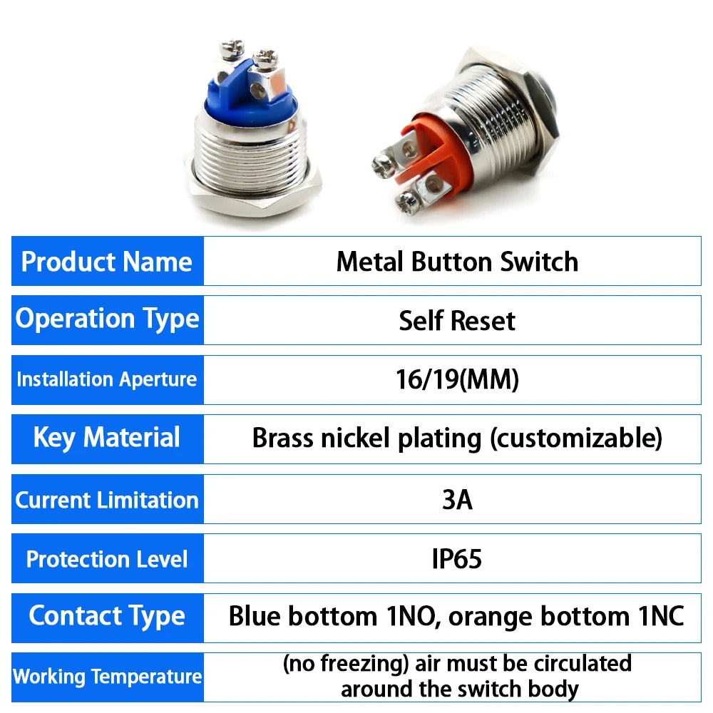 16/19mm 1NO 1NC Flat Head Waterproof Momentary Reset Metal Push Button Switch Screw Terminal Car Engine Doorbell PC Power Switch