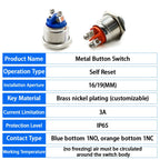 16/19mm 1NO 1NC Flat Head Waterproof Momentary Reset Metal Push Button Switch Screw Terminal Car Engine Doorbell PC Power Switch