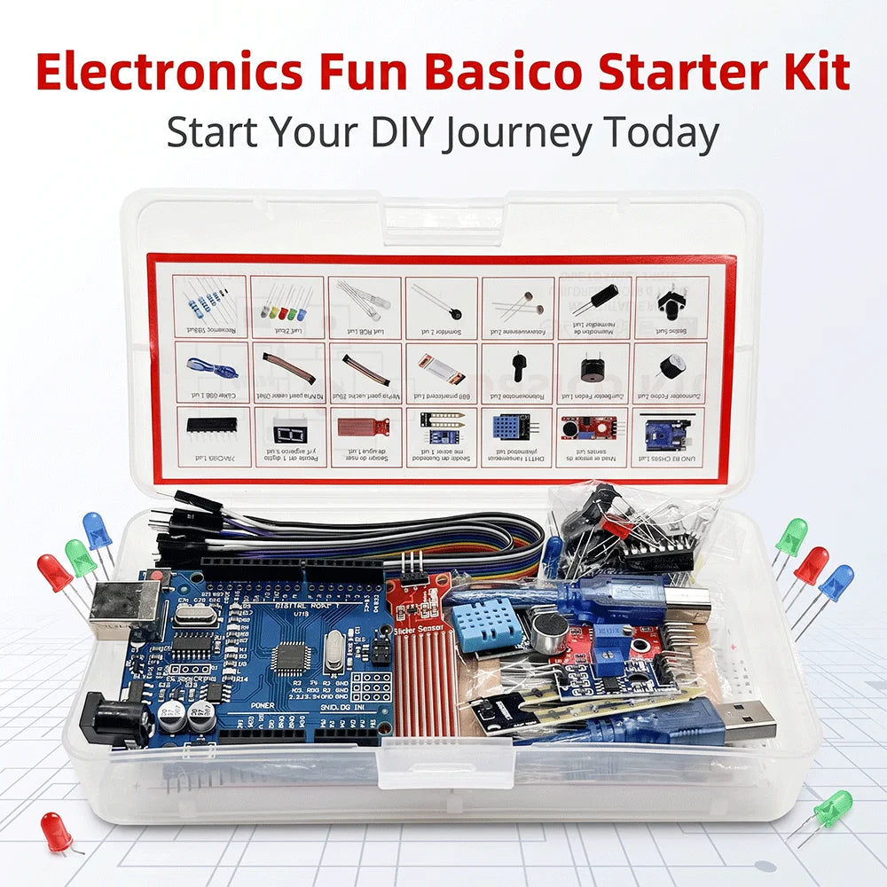 Electronics Fun Basico Starter Kit for Arduino Uno R3 with 830-Hole Breadboard Dupont Cable - Learning Kit for Beginners