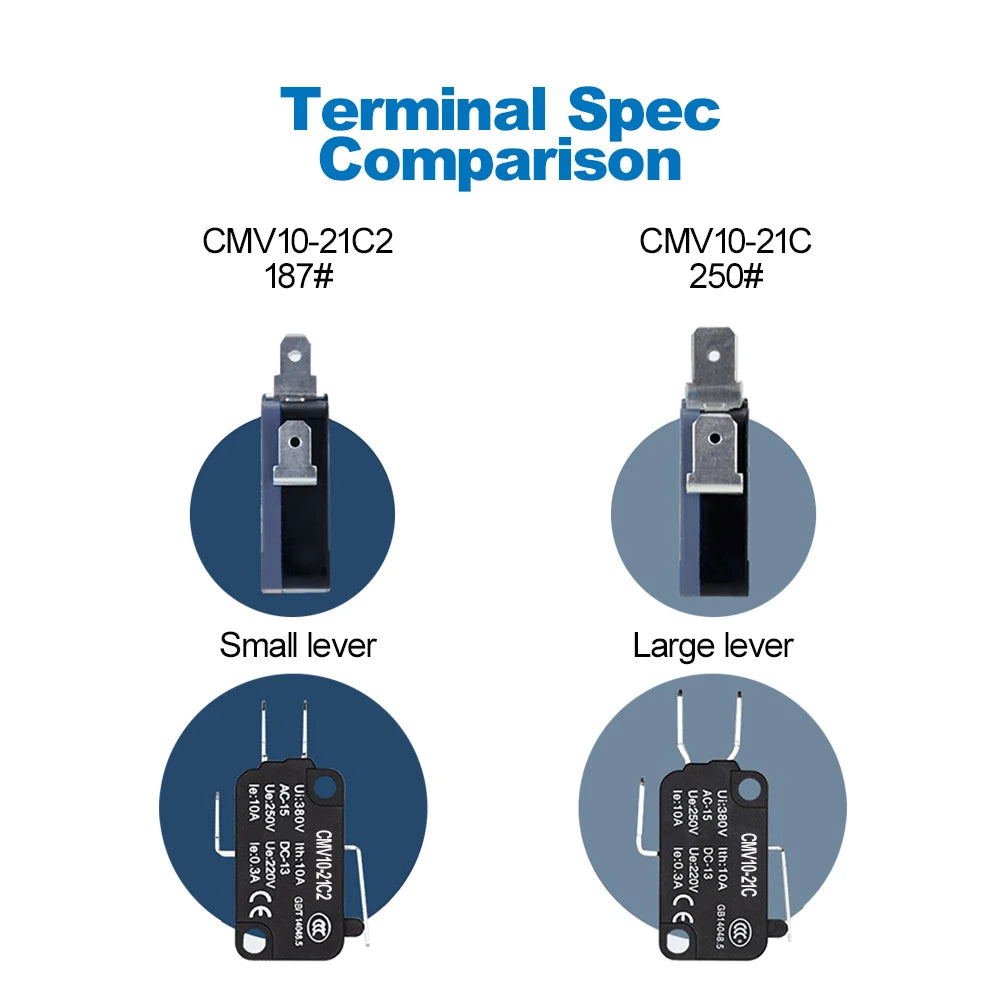 5pcs CNTD CMV10-061C/061C2 Mini Snap Action Micro Switch 10A 250V AC SPDT 1NO1NC Long Curved Lever Limit Switch 300K 3D Printer