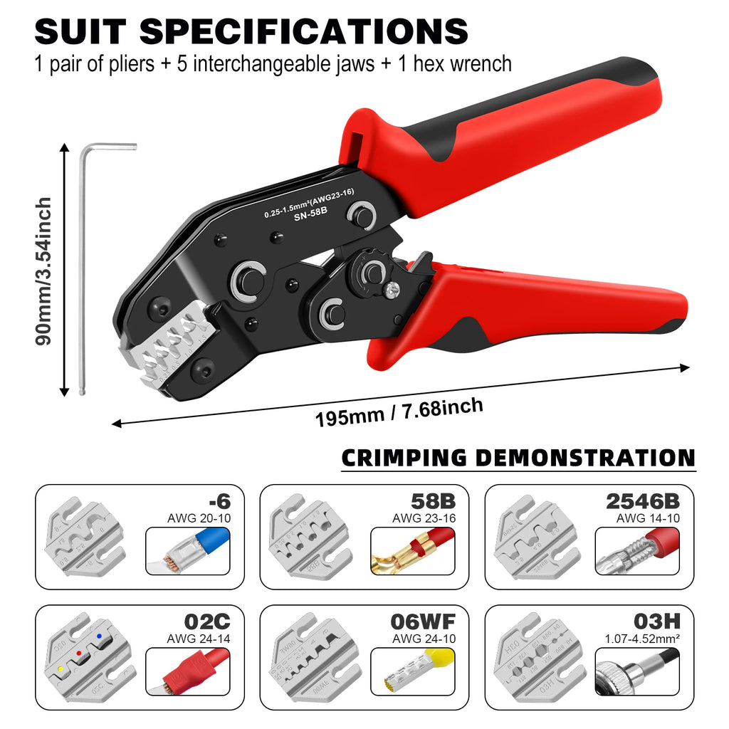 SN-58B Crimping Tool Plier Kit With 5 Replaceable Jaws for Dupont JST Terminals,Non-Insulated Ferrule,Butt,Solar&Coax Connectors