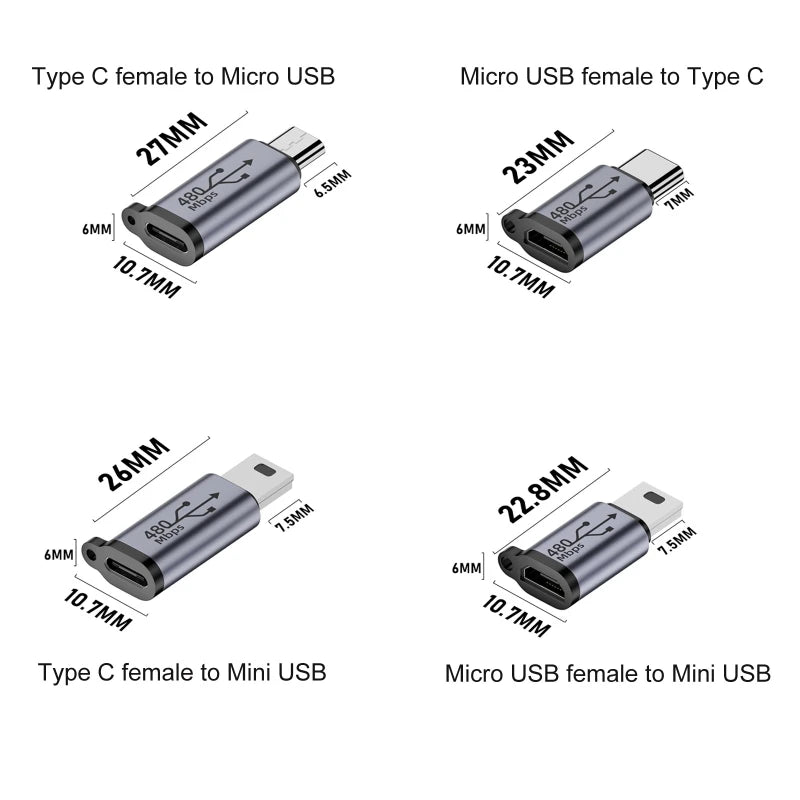 Usb Type C to Mini USB MicroUSB Adapter Micro USB to TypeC Mini USB Converter Connector Support Charge Data Sync 480Mbps 18W