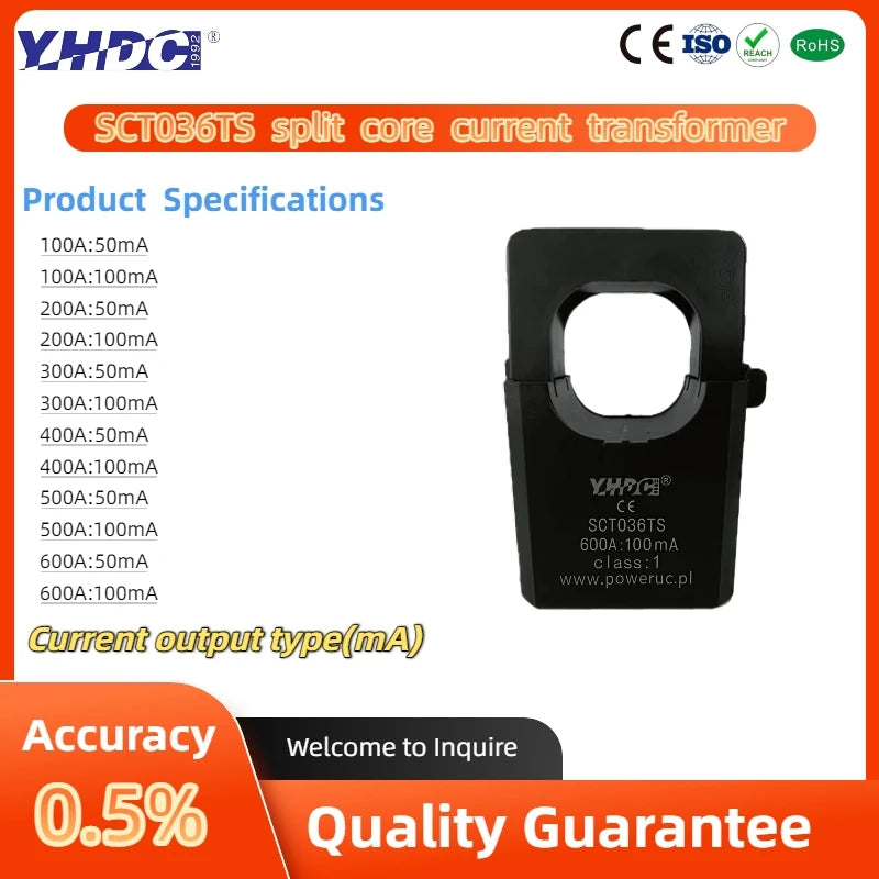 YHDC SCT036TS Input 100A/200A/300A/400A/500A/600A Output 50mA/0.1A Accuracy 0.5%Split Core Current Sensor AC Current Transformer