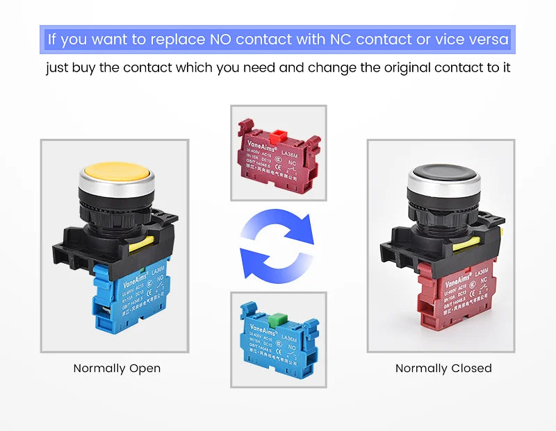 22mm LA36M Momentary Push Button Switch with LED Light 12v 24v 220v Latching Illuminated Push Button Switches On Off VaneAims