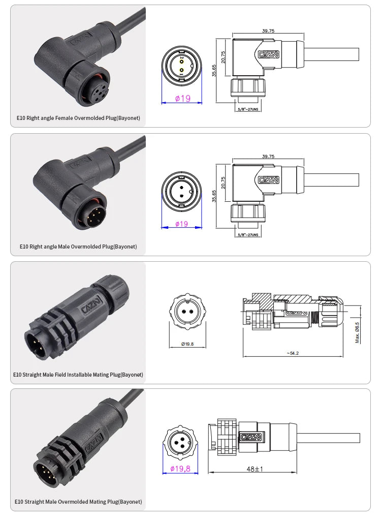 CAZN Plastic Straight Angled Male Female Circular Connectors E10 Waterproof Bayonet Connector 2-12 Pin with Unshielded PVC Wire