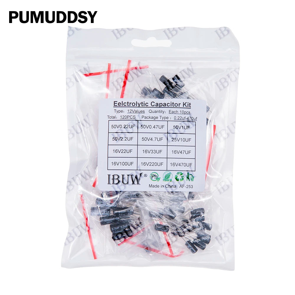 120PCS 12Values Electrolytic Capacitor Kit (0.22μF-470μF 16V-50V) for DIY Electronic Circuit kit 16V100UF 50V0.47UF 25V10UF