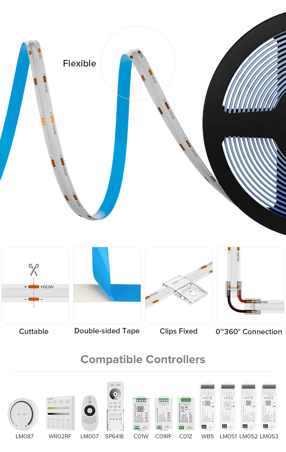 FCOB LED Strip 12V Flexible 5mm 8mm Width High Density Blue White Red Green Pink Yellow Flexible Dimmable RA90 Cob LED Strip