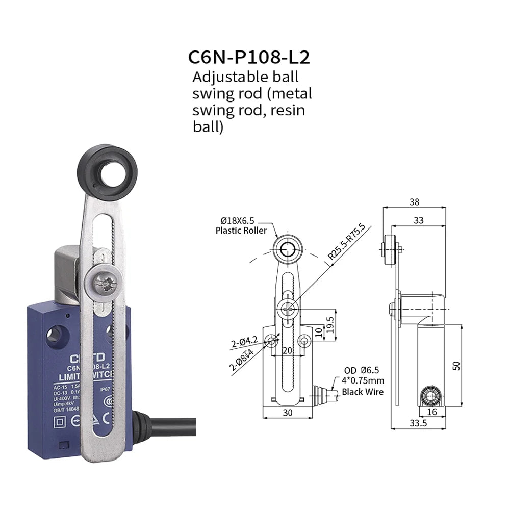 CNTD Micro Limit Switch C6N Series C6N‑101 C6N‑102 C6N‑111 C6N‑121 1NO1NC 10A 250V IP67 Waterproof For Automated Machinery