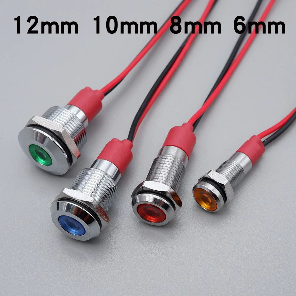 6mm 8mm 10mm 12mm LED Metal Indicator Light Signal Lamp with Wire 3V 5V 6V 12V 24V 110V 220V Red Blue Green Yellow White