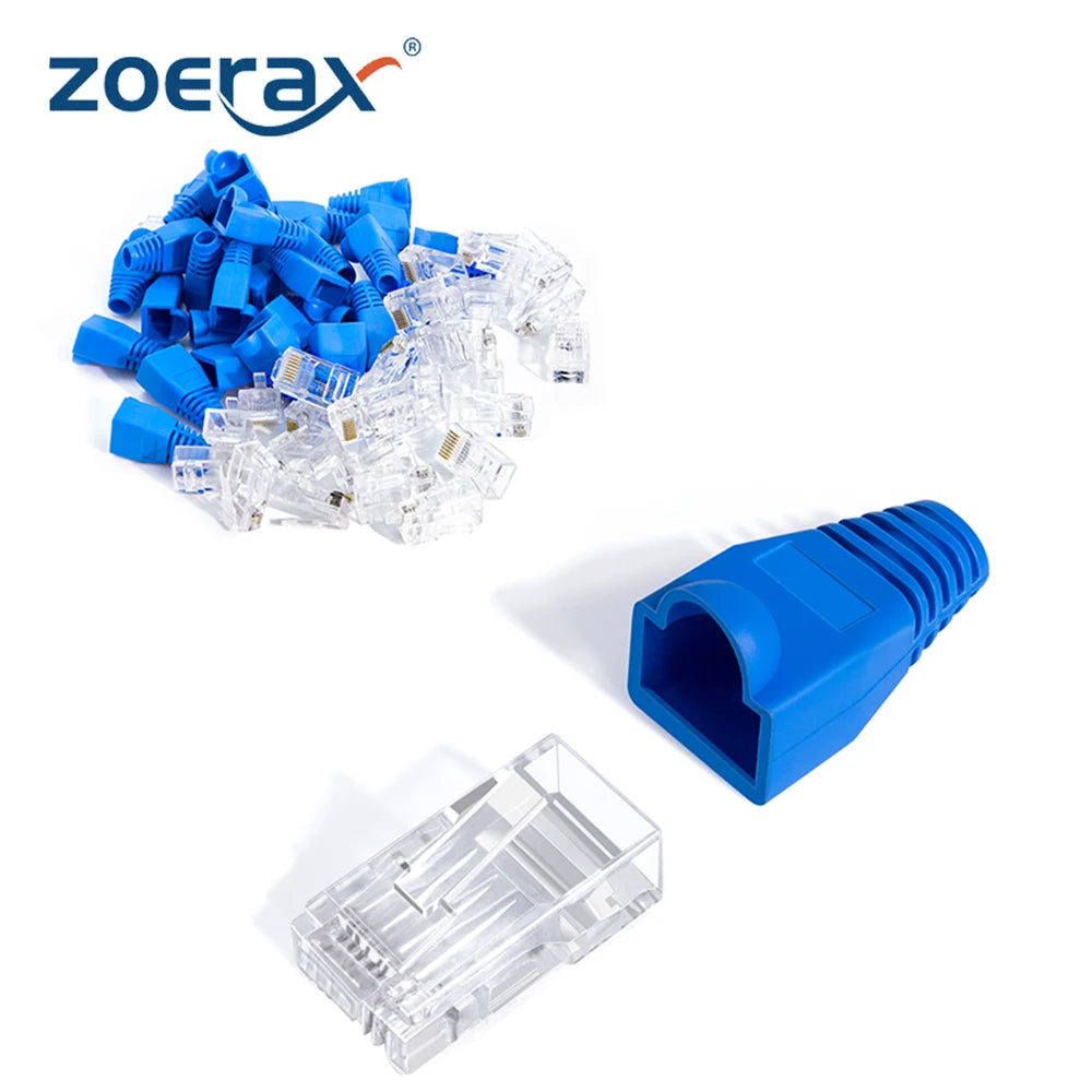 ZoeRax 50PCS RJ45 Cat6 CAT5E UnShielded Pass Through Connector and Strain Relief Boots Kit Gold-Plated 8P8C RJ45 Modular Plug
