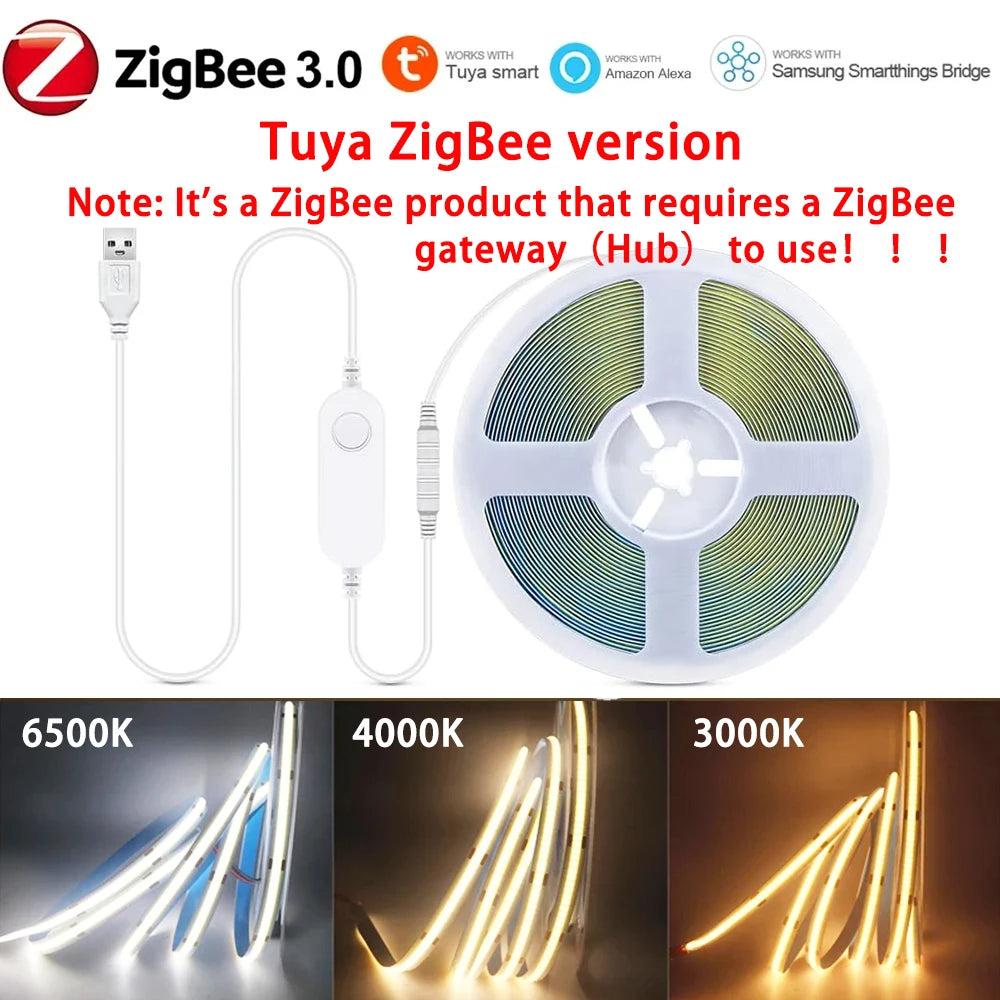 5V USB Tuya WiFi Tuya Zigbee 3.0 Warm White COB LED Strip Light Flexible Dimmable 8mm Width 320leds/m 4mm Width 480leds/m RA90