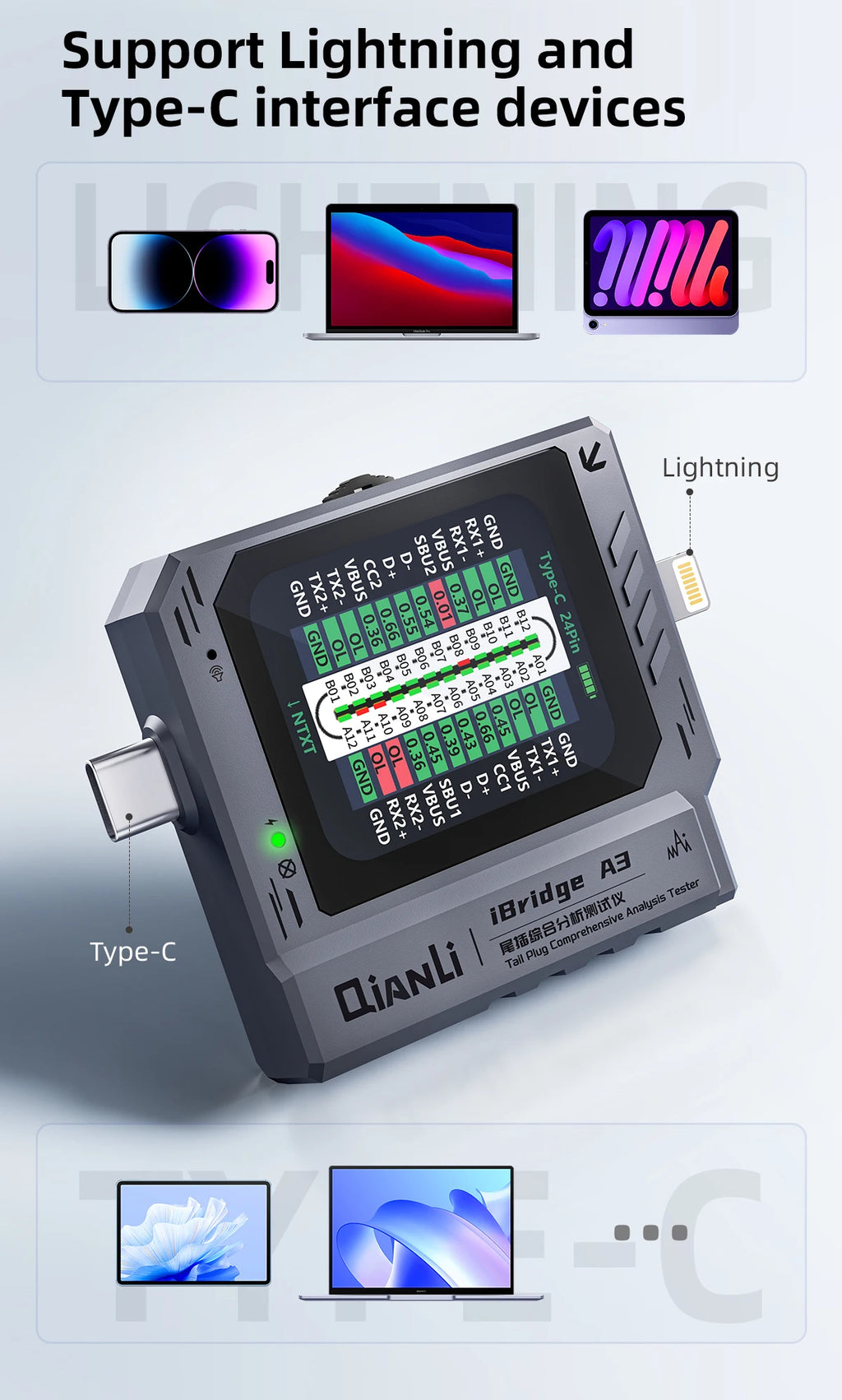 QianLi iBridge A3 Lightning Type-C Tail Plug Comprehensive Analysis Tester for iPhone Phone Charging Port Fault Detection Repair