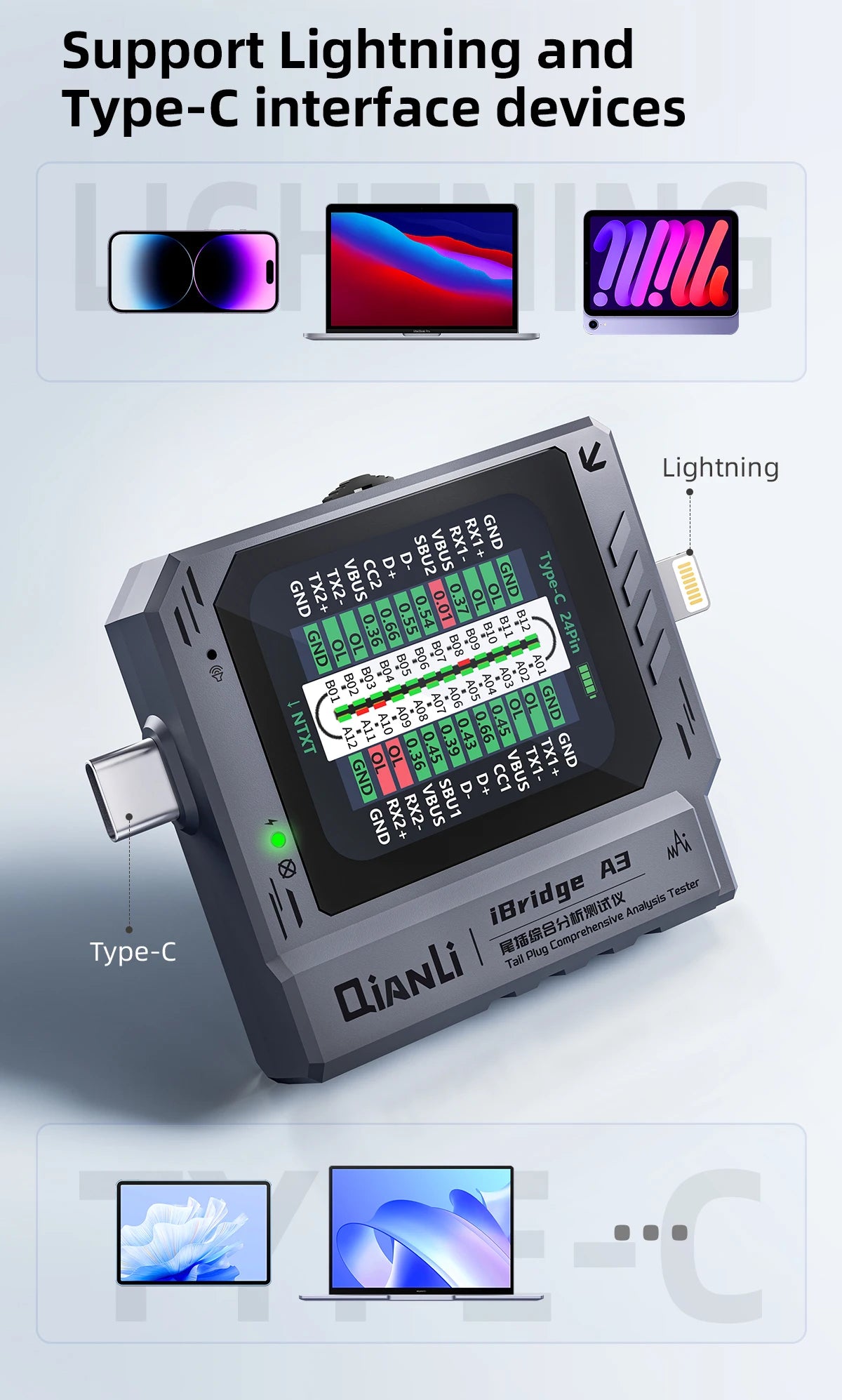 QianLi iBridge A3 Lightning Type-C Tail Plug Comprehensive Analysis Tester for iPhone Phone Charging Port Fault Detection Repair
