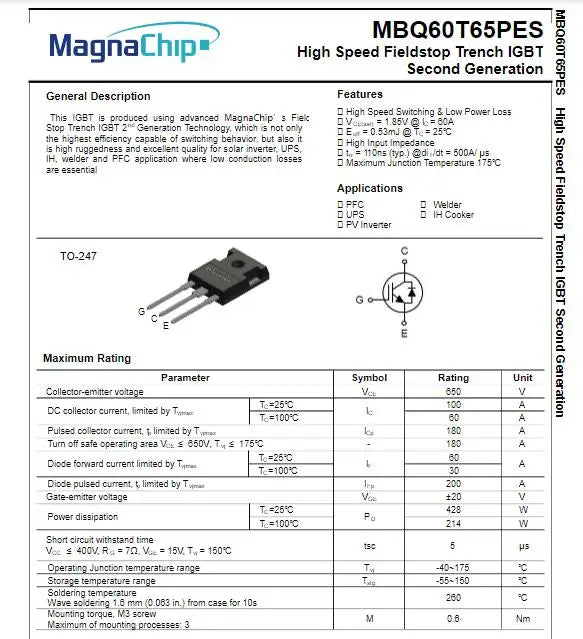 10Pcs-210Pcs New Original 60T65PES MBQ60T65PES 60T65 IGBT 650V 60A Transistor MBQ60T65PESTH TO-247