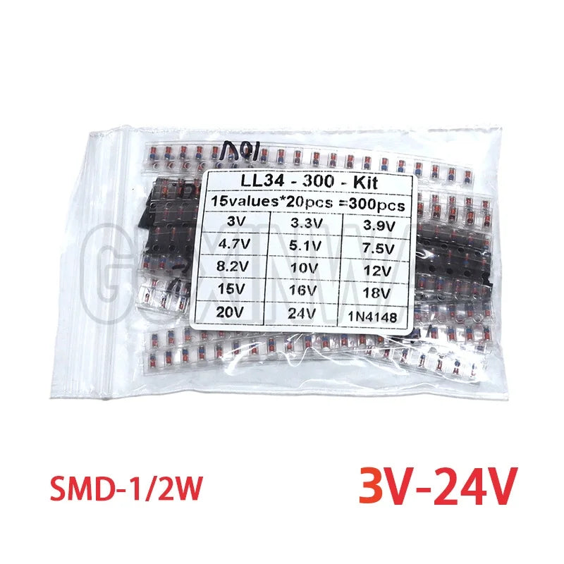 300PCS 1N4148 SMD LL34 Zener Diode Kit 0.5W 1/2W 3V-24V 2V-39V SMD Diode Set