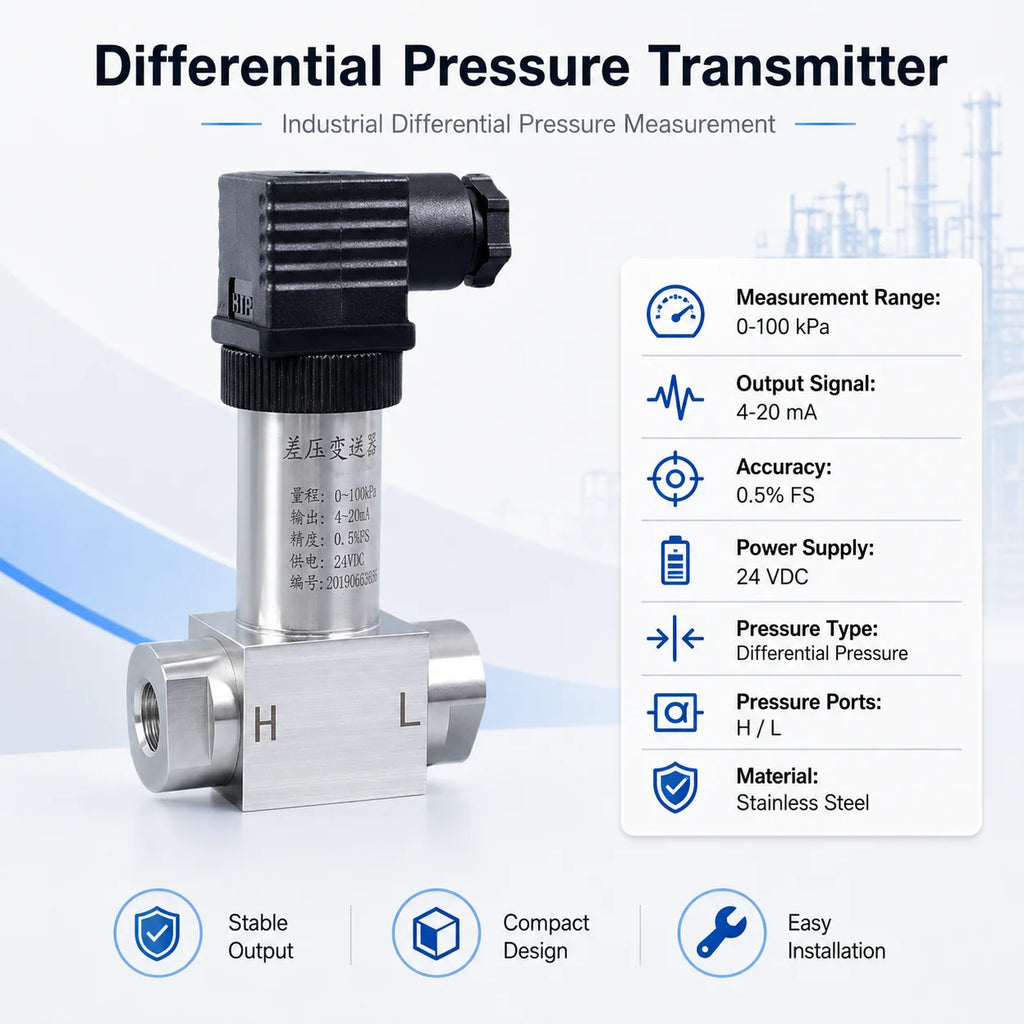 Industrial Differential Pressure Sensor 0-100kPa 4-20mA Stainless Steel Transmitter for Air Gas Water
