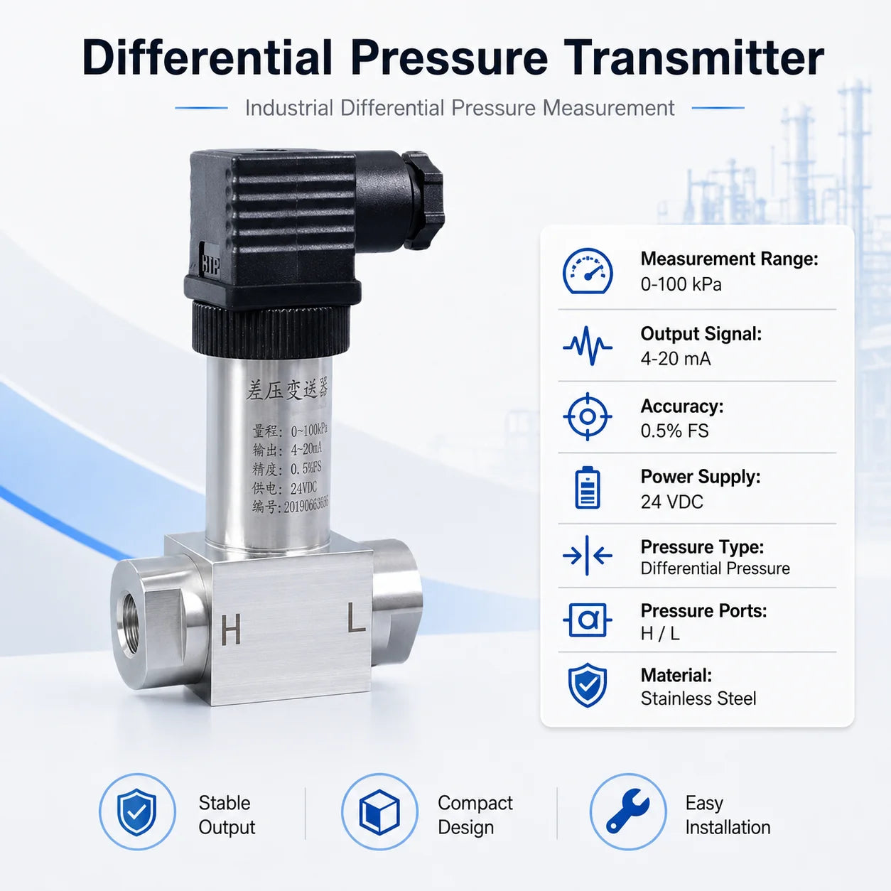 Industrial Differential Pressure Sensor 0-100kPa 4-20mA Stainless Steel Transmitter for Air Gas Water