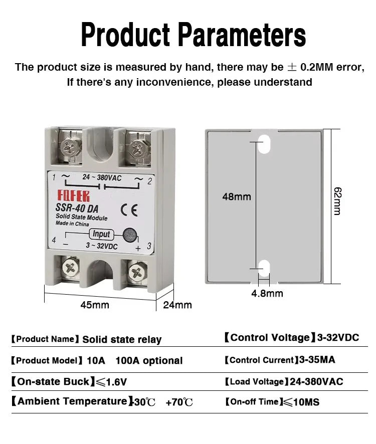 10A SSR 25A Solid State Relay 40A Output 3-32VDC 24-480VAC 220V Single Phase DC TO AC 40A Relay SSR HeatSink SSR 40DA