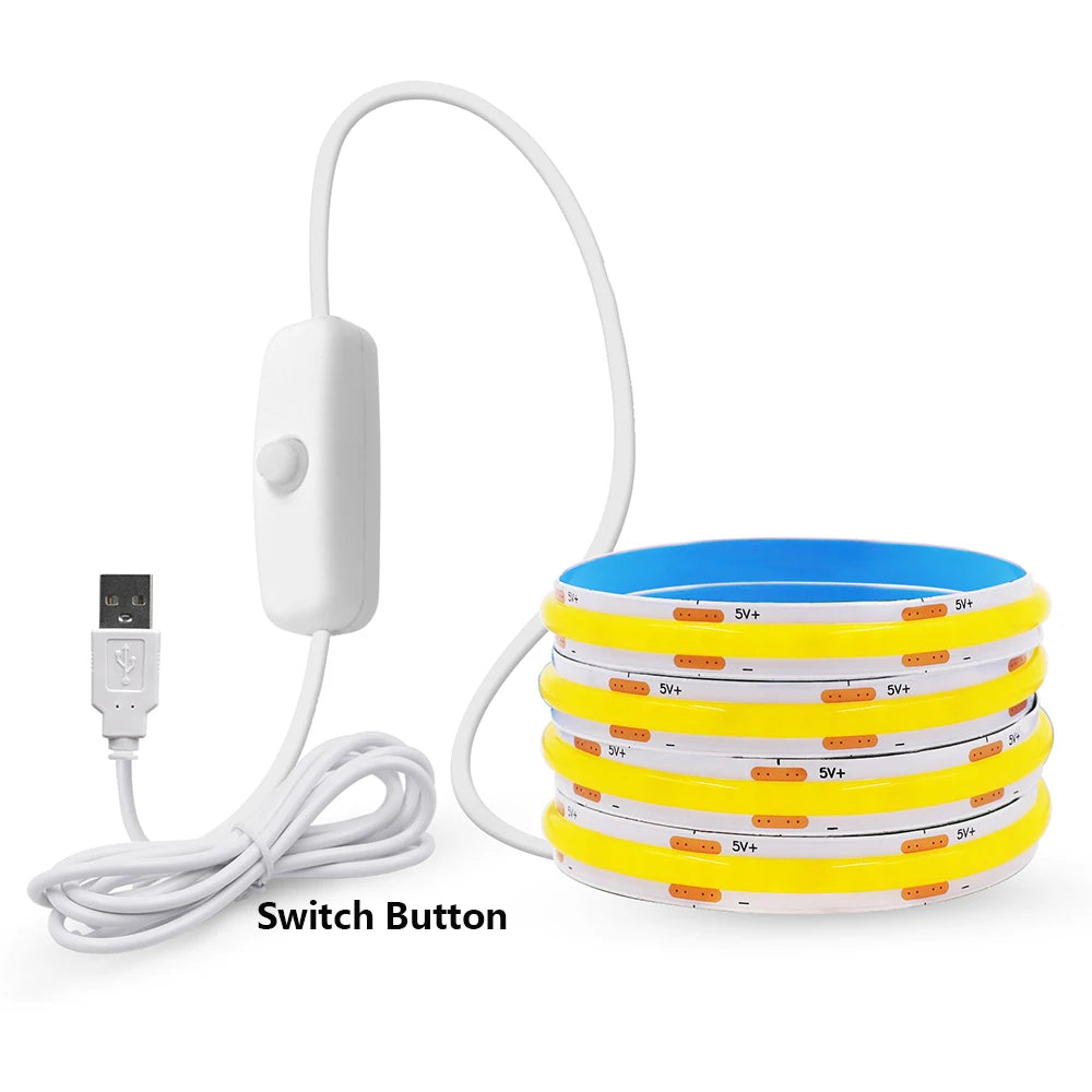 5V USB COB LED Strip Light 3Keys Touch Dimmable ON/OFF Switch Bright Red Green Blue Warm White 320LEDs Flex Ribbon Tape 8mm PCB