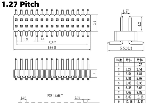10Pcs  2.54mm /2.0mm /1.27mm Pitch SMD SMT Double Row Male PIN Header 2*2/3/4/5/6/7/8/10/12/20/40/50 PIN Strip Connector