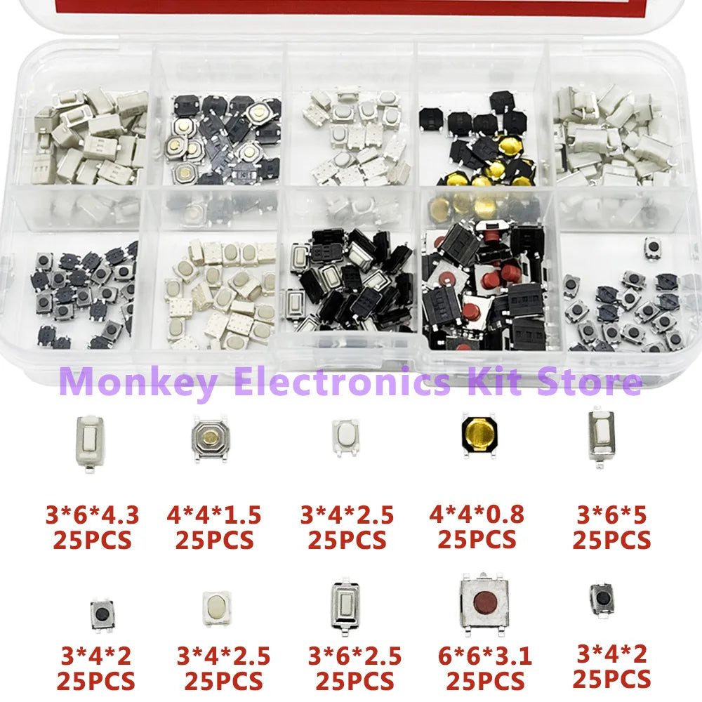 250PCS/1 Set  10-Types Tactile Push Button Switch Car Remote Control Keys Button Touch Micro switch