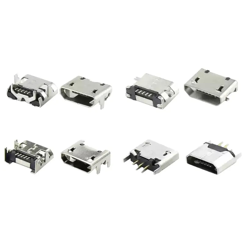 100/1000PCS Micro USB Android Female Charging Socket, Flat Edge Crimped Type, 5Pin, 4 Mounting Pins, SMD & DIP Tail Connector