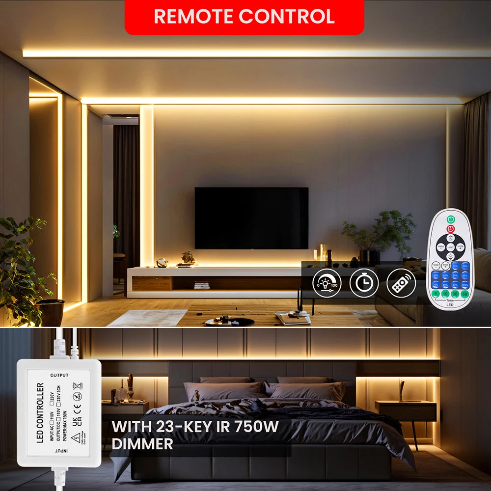Dimmable COB LED Neon Light Strip Remote Power Kit Wifi Bluetooth Wall Touch 220V 23key Controller 288LEDs/m IP65 Flexible Lamp