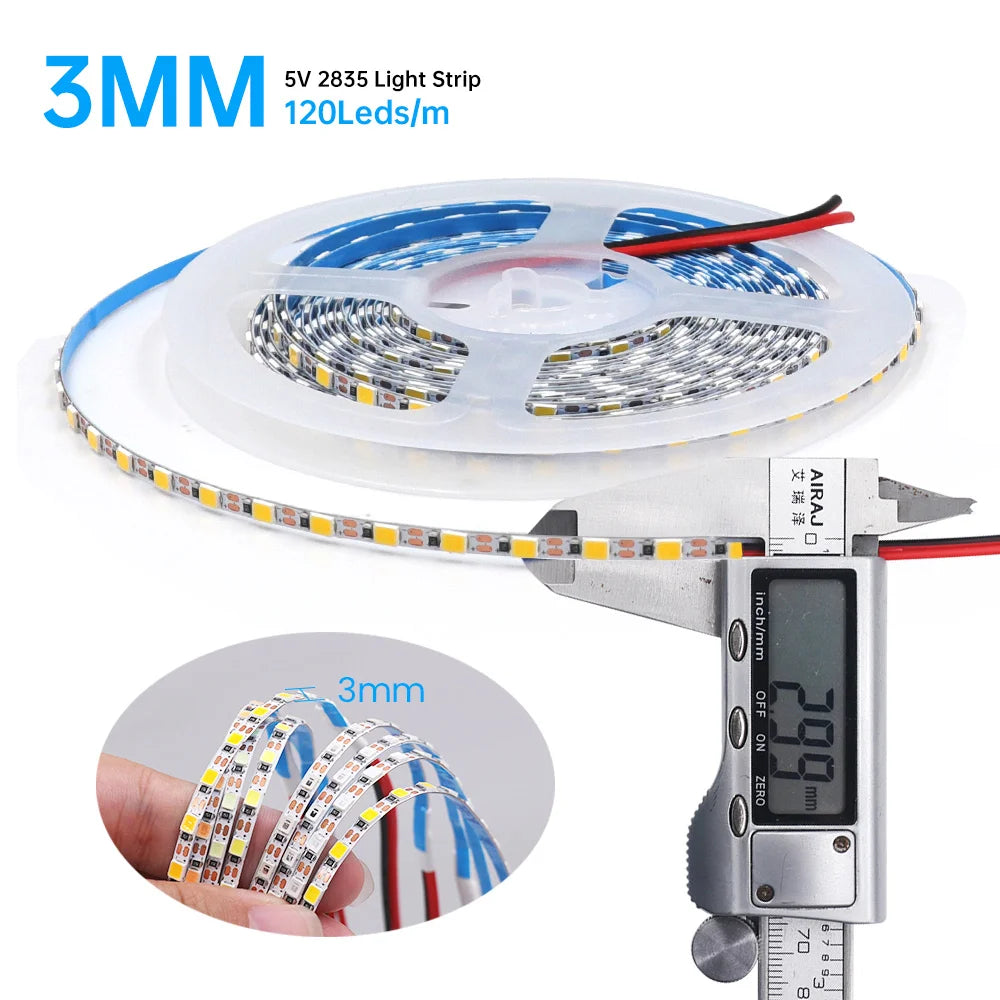 5V 2835 LED Strip Light Ultra Thin 3mm 5mm PCB 1 LED Cut 2835 120LEDs/m 8mm Flexible Tape IP21 Not Waterproof Warm Natural White