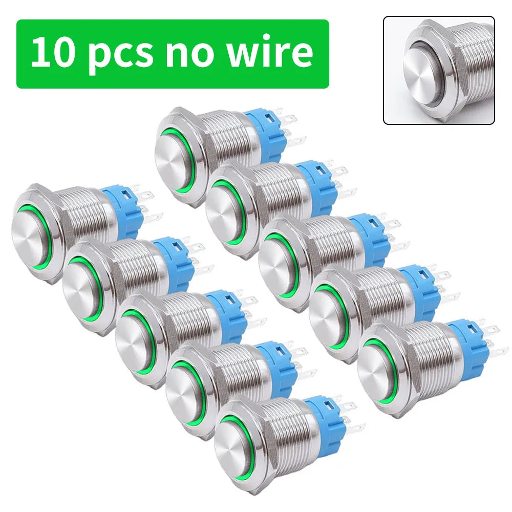 10 pcs  Latching Push Button Switch Metal Shell 16/19/22mmWaterproof Power Symbol Pattern Self-Locking Momentary Fixed 1NO 1NC