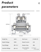 UKK 3 Double Layer Terminal Block, 5.2mm Width, 24A 500V, PA66 V0 Flame Retardant, Screw Clamp, 10pcs (For DIN Rail NS35)
