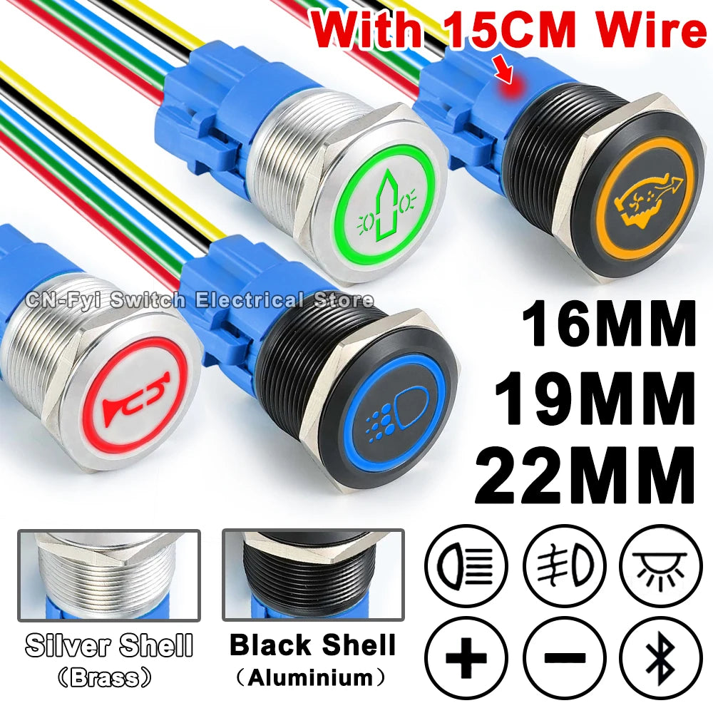 Customized 16/19/22mm Metal Push Button Switch with Socket Waterproof Horn LED Light Self-reset/Self-locking for Car Boat 12V