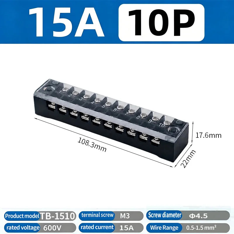 Dual Row Strip Screw Terminal Block TB1503-TB151 15A  Fixed Wiring Board Wire Connector for Electronic Components