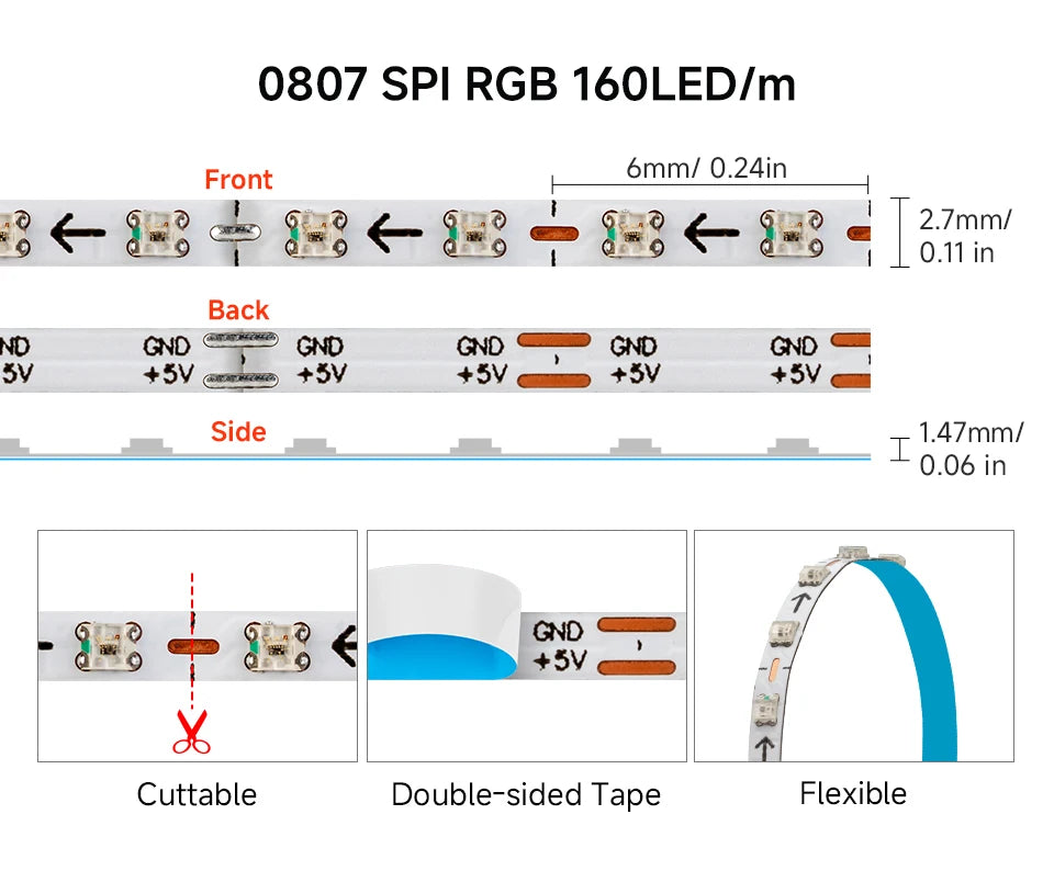 WS2812B RGB LED Light Strip 160 LEDs 2.7mm 5mm WS2812 Lights 0807 2020 Individually Addressable Smart Pixels Magic 5V 12V IP30