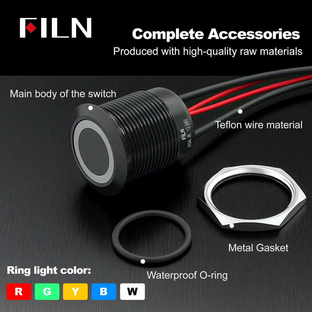 FILN 19MM 20A 12V 24V 110V 220V LATCHING MOMENTARY Flat Ring Round Push Button Switch IP66 Metal Stainless Steel  with 20cm Wire