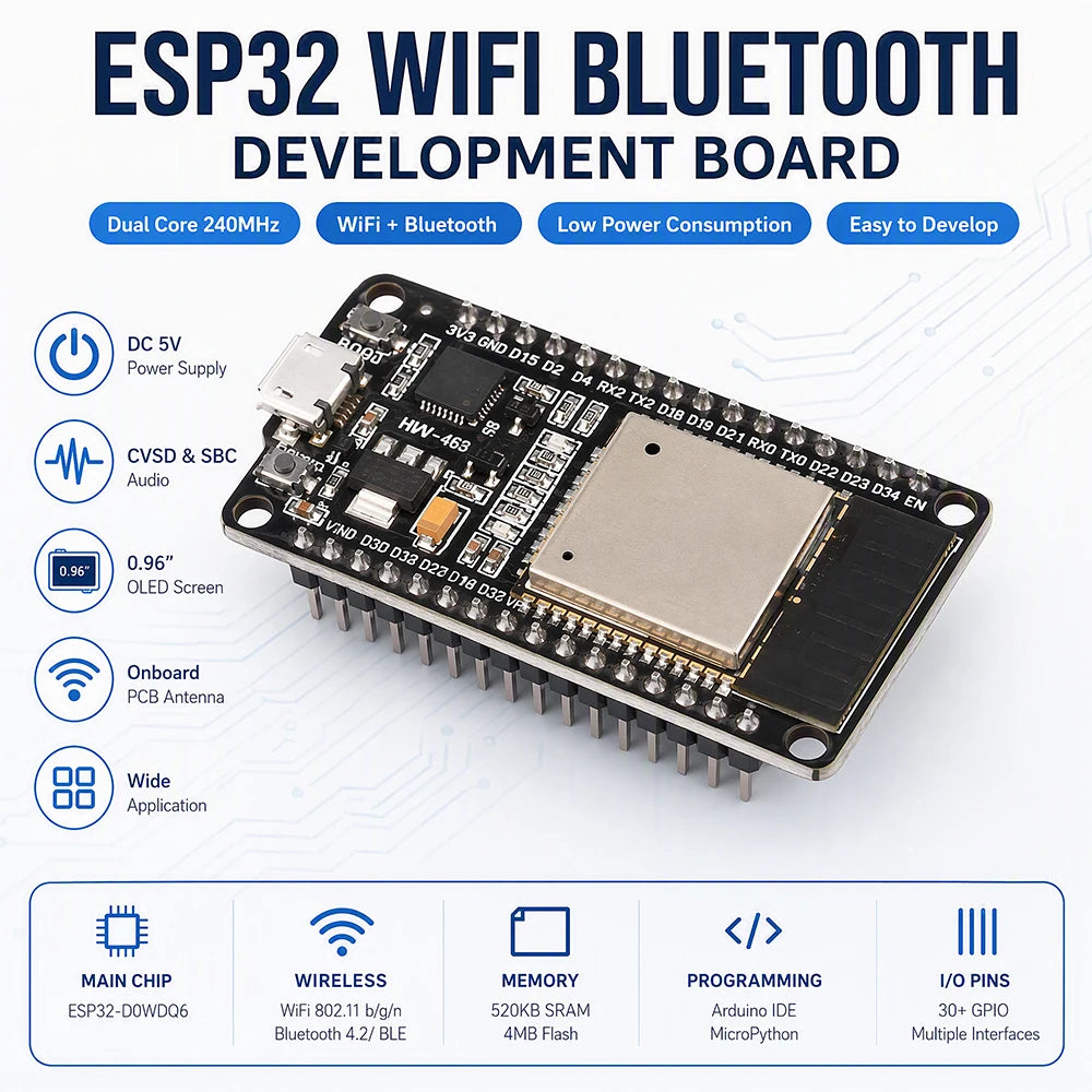 3PCS CP2102 ESP32 WiFi Bluetooth Development Board 0.96" OLED Screen Onboard PCB Antenna Support CVSD SBC Audio for Arduino Electronic DIY Projects