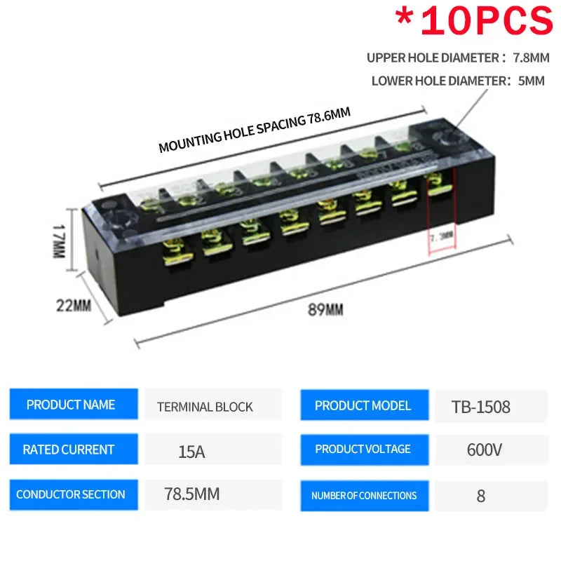 10PCS Dual Row Strip Screw Terminal Block Fixed Wiring Board Wire Connector TB-1503/TB-1506 15A TB-2503/TB2506 600V 15A